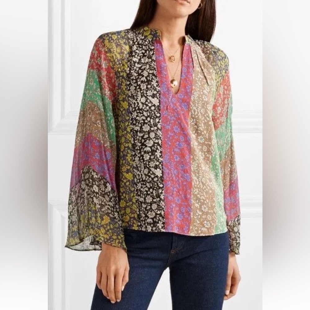 Alice + Olivia Multicolor 70s Long Sleeve Floral Boho Blouse Top - Picture 4 of 11